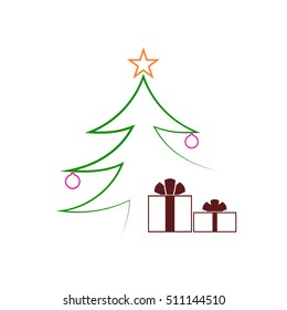 Christmas tree with balls, star, gift. Cartoon icon. Green silhouette decoration sign, isolated on white background. Flat design. Symbol holiday, Christmas, New Year celebration Vector illustration