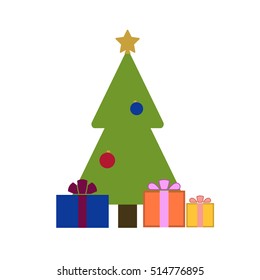 Christmas tree with balls, star, gift. Cartoon icon. Green silhouette decoration sign, isolated on white background. Flat design. Symbol holiday, Christmas, New Year celebration Vector illustration