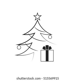 Christmas tree with balls, star, gift. Cartoon icon. Black silhouette sign, isolated on white background. Flat design. Symbol holiday, Christmas, New Year celebration Vector illustration