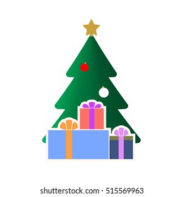 Christmas tree with balls, star, gift. Cartoon icon. Silhouette decoration sign, isolated on white background. 