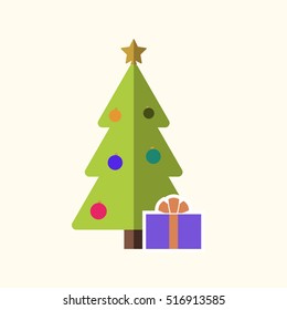 Christmas tree with balls, star, gift. Cartoon icon. Green silhouette decoration sign, isolated on white background. Flat design. Symbol holiday, Christmas, New Year celebration Vector illustration