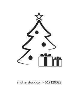 Christmas tree with balls, star, gift. Cartoon icon. Black silhouette decoration sign, isolated on white background. Flat design. Symbol holiday, Christmas, New Year celebration Vector illustration