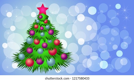 Christmas tree with balls and star on light blue background. Vector illustration.