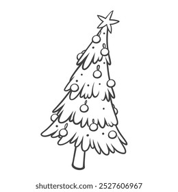 Christmas tree with balls and star on top line icon. Outline hand drawn sketch of pine tree with festive toys on branches. Xmas, winter holidays mascot, traditional gift icon vector illustration