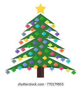Christmas tree with Christmas balls and a star on the top. Vector illustration.