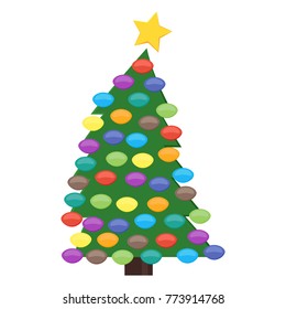 Christmas tree with Christmas balls and a star on the top. Vector illustration.