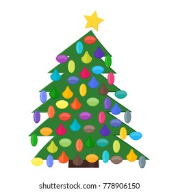 Christmas tree with Christmas balls and a star on the top. Vector illustration.