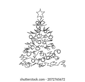 Christmas tree with balls and star one line art. Continuous line drawing of new year, holidays, christmas, comfort, eco-friendly, tree, winter, faux.