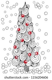 Christmas tree, balls, star. Pattern for coloring book. Black, white and red.  Zentangle style.