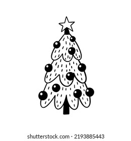 Christmas tree with balls and star vector hand drawn clipart in doodle style. Holiday decorative illustration for invitations and greeting cards.