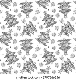 Christmas tree, balls, stars hand drawn coloring book seamless pattern. Black ornamental Christmas items on white background. Uneven lines