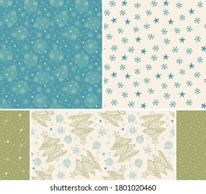 Christmas tree, balls, stars hand drawn seamless patterns. Blue green pastel colors. Set of patterns for cards, fabric, wrapping paper. Uneven lines