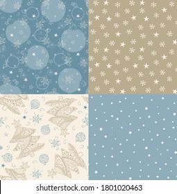 Christmas tree, balls, stars hand drawn seamless patterns. Blue beige pastel colors. Set of patterns for cards, fabric, wrapping paper. Uneven lines