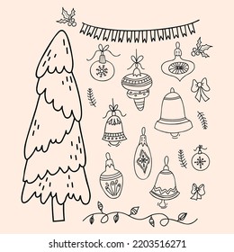 Christmas tree, Christmas balls, toys and bells, garland and flags decoration. Vector illustration. isolated linear Hand drawn doodles for New Year holiday decor, design and greeting cards.