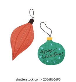 Christmas tree balls or toys, flat vector illustration isolated on white background.