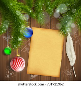 Christmas tree with balls. Vintage sheet with a pen to write messages and wishes. New Year background. Stock vector illustration