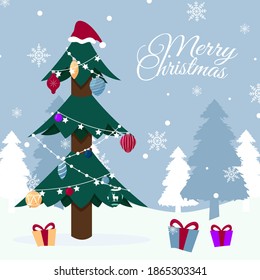 Christmas tree banner. Merry Christmas and Happy New Year. Christmas tree with Christmas decorations -  balls, stars, garlands, snowflakes, lamps. Vector illustration