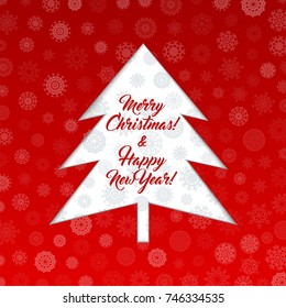 Christmas tree banner. White fir-tree on a red background. Vector illustration