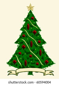 Christmas tree with banner in woodcut style