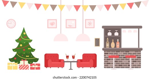 Christmas tree, bar counter, two cozy three-quarter armchairs and glasses with mulled wine on coffee table.Cartoon flat style. Vector illustration