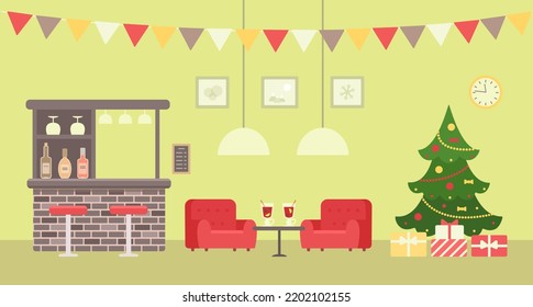 Christmas tree, bar counter, two cozy three-quarter armchairs and glasses with mulled wine on coffee table.Vector illustration. Cartoon flat style