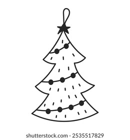 Árvore de Natal Bauble Doodle Ícone. Xmas elemento de design de decoração com estrela e guirlanda. Ornamento festivo para decoração de férias. Ilustração vetorial