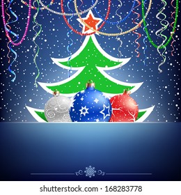 The Christmas tree and bauble on the blue snow mesh background