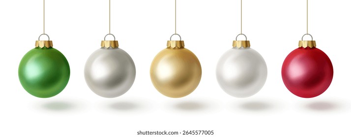 Christmas tree bauble set in 3d realistic glass style - green, silver, gold, white and red ornaments hanging on strings with golden caps, isolated on white background for holiday decoration designs.
