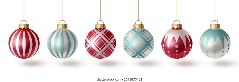 Baile de árvore de Natal definido em estilo de vidro 3d com padrões decorativos - listrados, xadrez, ornamentos geométricos e pontilhados pendurados em cordas de ouro, decorações coloridas de férias para desenhos festivos.