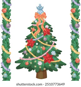 Christmas tree with Bauble Snowflake Bow Angel Tree Topper Christmas Light Garland Ribbon Poinsettia happy holidays vector collection