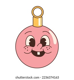 Christmas tree bauble in trendy retro cartoon style. Groovy hippie 70s aesthetic.	