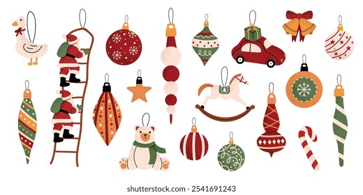 Christmas tree baubles and decorations. Collection of beautiful decorative toys suspended on laces. Set of holiday ornaments: animals, Santa, car, balls. Colored flat vector illustration isolated