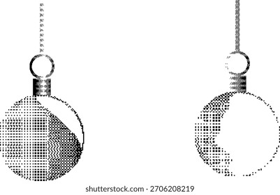 Adornos de árbol de Navidad dither píxel texturizado para tarjetas de felicitación, carteles. Ilustración vectorial.