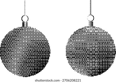 Baubles da árvore de Natal dither pixel texturizado para cartões de saudação, cartazes. Ilustração vetorial.