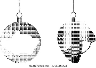 Christmas tree baubles dither pixel textured for greeting cards, posters. Vector illustration.