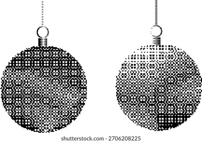 Christmas tree baubles dither pixel textured for greeting cards, posters. Vector illustration.