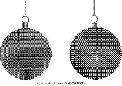 Christmas tree baubles dither pixel textured for greeting cards, posters. Vector illustration.
