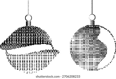 Christmas tree baubles dither pixel textured for greeting cards, posters. Vector illustration.