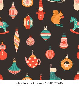 Christmas tree baubles flat vector seamless pattern. Black background with retro New Year decorations, ornaments. Winter holiday creative texture. Xmas vintage wallpaper, wrapping, textile design.