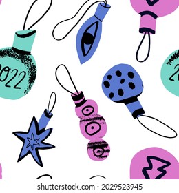 Christmas tree baubles Funky seamless pattern. Colorful Christmas tree balls with tree, eye, star, 2022 lettering on isolated background. Vector hippie style illustration with texture.