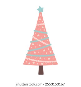 Christmas tree with baubles and garland isolated on white background. Nursery art and Scandinavian style.
