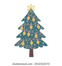 Christmas tree with baubles and garland isolated on white background. Nursery art and Scandinavian style.