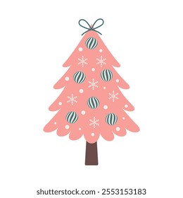 Christmas tree with baubles and garland isolated on white background. Nursery art and Scandinavian style.