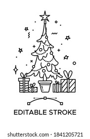 Christmas tree with baubles and gifts linear icon. Thick line pictogram. Isolated outline vector illustration. Duotone contour symbol. Editable stroke. Pixel perfect