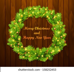 Christmas tree with baubles on wood texture. Vector illustration