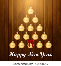 Christmas tree with baubles on wood texture. Vector illustration