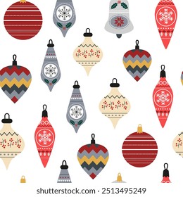 Árvore de Natal baubles padrão sem costura. Estilo escandinavo - bolas, brinquedos, decorações, sinos. Natal moderno vintage. Feriados de X-mas. Ano Novo. Fundo do vetor, papel digital, papel de parede.