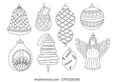 Christmas tree baubles set in different forms festive decor doodle outline hand drawn simple vector illustration for winter holidays seasonal greeting card, invitation, sticker, line art clipart