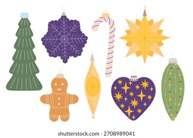 Christmas tree baubles set in different forms, festive decor simple hand drawn vector illustration for winter holidays seasonal colorful decor such as greeting card, invitation, sticker