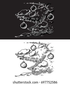 Christmas tree baubles sketch Vector black and white illustration for invitations, party, Christmas gift card